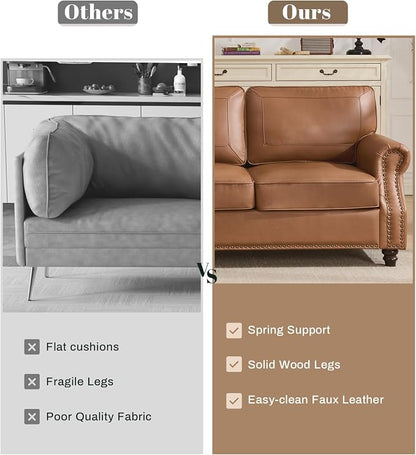 Kingfun Mid-Century Modern Couch, Faux Leather Sofa, 3 Seater Couch for Living Room with Rolled arms & Nailhead Trim, Brown