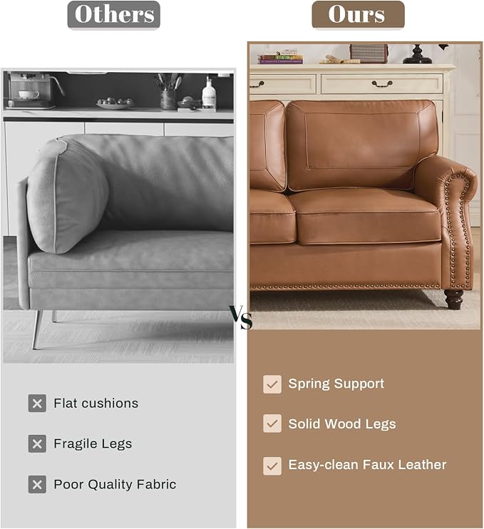 Kingfun 3 Seater Sofa, Mid-Century Modern Faux Leather Couch Set for Living Room, Brown with Rolled Arms & Nailhead Trim, Easy Assembly