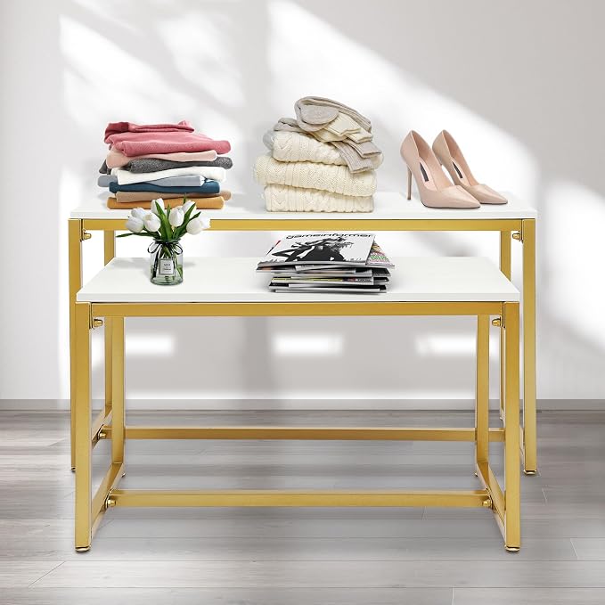 2-Piece Set Gold Modern Nesting Tables, Metal Shoe Handbag Retail Display Racks, Metal Display Riser Shelf for Shoes, Handbags, Home, Clothing Shops, Retail Stores