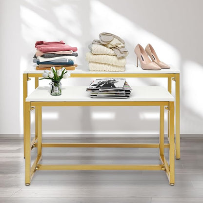 2-Piece Set Gold Modern Nesting Tables, Metal Shoe Handbag Retail Display Racks, Metal Display Riser Shelf for Shoes, Handbags, Home, Clothing Shops, Retail Stores