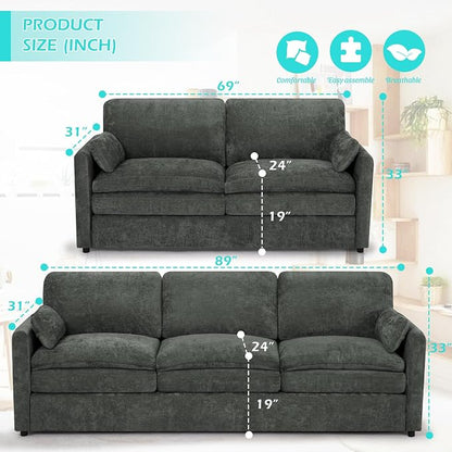 2 Pieces Chenille Sofa Set w/Two Throw Pillows, Upholstered Loveseat & 3 Seater Sofa w/Comfortable Back Cushions, Modern 2-Seat & 3-Seat w/High-Density Foam for Living Room, Apartment, Grey