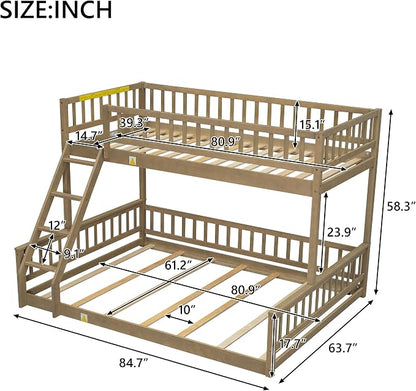 Wood Bunk Bed Twin XL Over Queen Size with Safety Guardrails, Detachable Design Floor Bunk Bed Frame for Kids Teens Boys Girls, Sturdy Slat Support (Walnut-9.30)