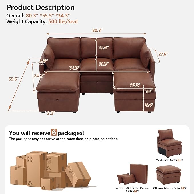 80" Brown Faux Leather Storage 3 Seater Sofa with 2 Ottomans, Comfy Couch | Convertible Modular Sectional Sofa, U Shaped Oversized Couch, Upholstered Large Cloud Couch For Living Room, Apartment.