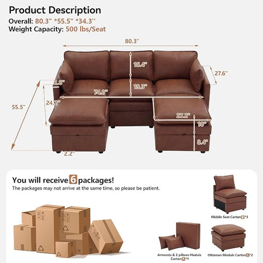 80" Brown Faux Leather Storage 3 Seater Sofa with 2 Ottomans, Comfy Couch | Convertible Modular Sectional Sofa, U Shaped Oversized Couch, Upholstered Large Cloud Couch For Living Room, Apartment.