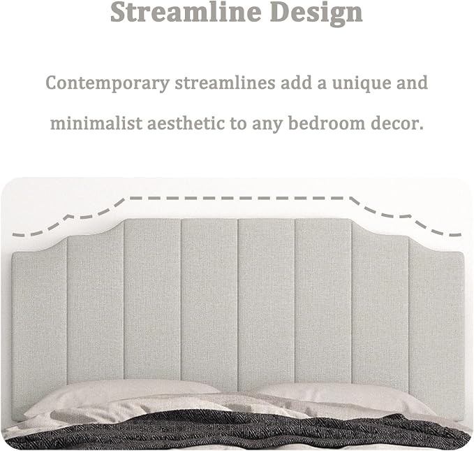 Befurtori Queen Size Headboard Only, Linen Wall Mounted Headboard Queen/Full Size for Adjustable Bed, Modern Vertical Channel Design with Curved Tufted Upholstered Head Board, Linen Gray