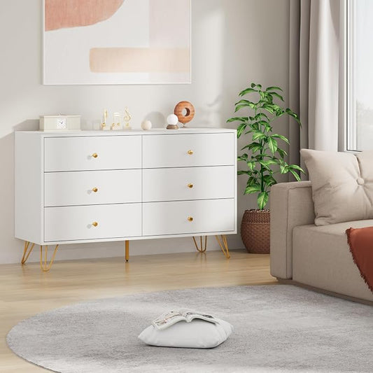 CARPETNAL White Dresser for Bedroom, 6 Drawer Dresser with Wide Drawers and Gold Metal Handles, Wood Dressers & Chest of Hallway, Entryway.