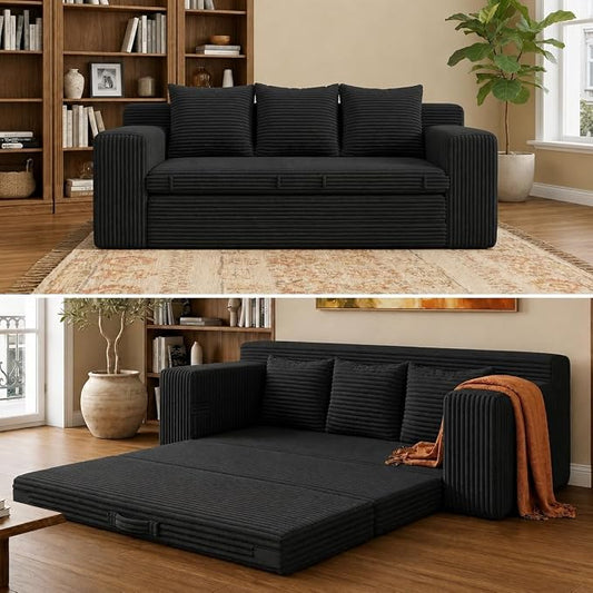 Boneless Couch Sofa Bed, 70'' Convertible Tri-Folding Futon Sleeper with Handle & Side Pockets, Pull Out Couch Bed with Hook and Loop No Assembly for Small Space,Living Room & Bedroom