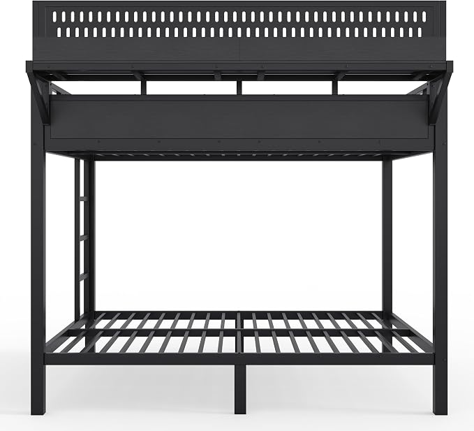 Bellemave Bunk Bed Full Over Full，Metal Bunk beds with Storage Shelves USB Ports and LED Lights, Black