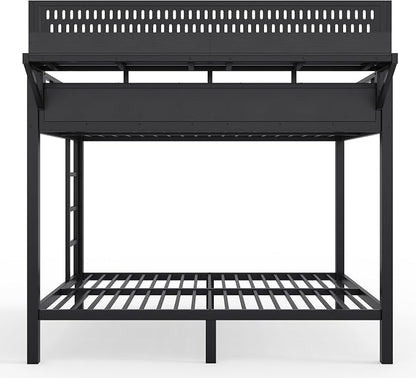 Bellemave Bunk Bed Full Over Full，Metal Bunk beds with Storage Shelves USB Ports and LED Lights, Black