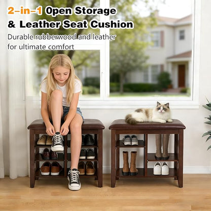 PY HOME & SPORTS Shoe Rack for Entryway 23.6": 3-Tier Shoe Storage Bench, Adjustable/Removable Shelves, Rubberwood Shoe Benches for Hallway, Porch, Bathroom, Brown