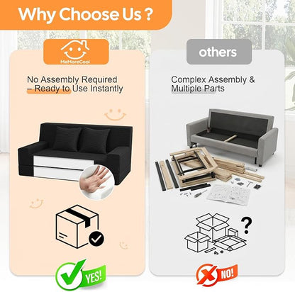 MeMoreCool Folding Sofa Bed Boneless Couch, 59" Loveseat Convertible Futon, Corduroy Foldable 2-in-1 Floor Sleeper for Small Living Room, Apartment, Guest Room, Foam Support & Washable Cover, Black