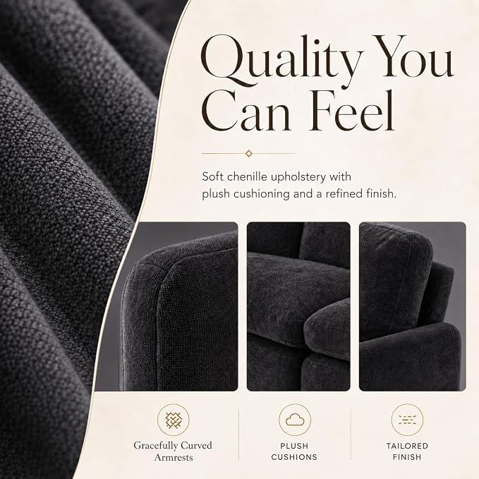 Esright Apartment Cloud Couch, 89-Inch 3-Seat Chenille Sofa, Black | Skin-Friendly Fabric, Deep 22" Seat, 2×6.3" Plush Back Pillows, Wood Frame, 800-Lb Support for Studios and Living Rooms