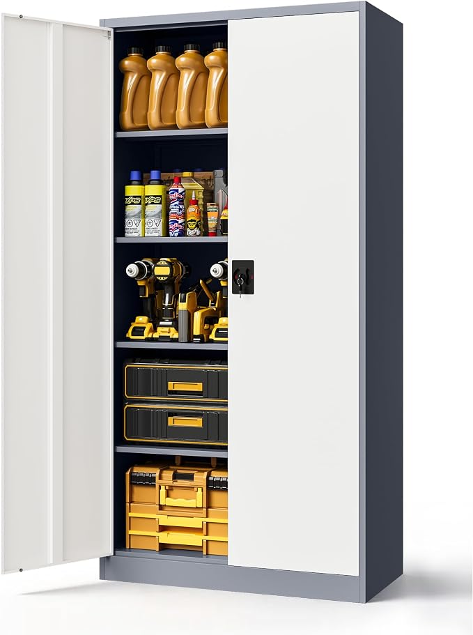 Metal Tool Storage Cabinet,Lockable File Cabinet with 2 Doors and 5 Adjustbale Shelves,Tall Cabinets for Garage Storage Systems for Home Office,Garage,Workshop
