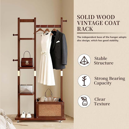 Wood Clothes Rack with Storage, 4 Shelves, 4 Hooks, Garment Rack with wheels, Coat Rack Freestanding, Clothing Rack Heavy Duty Hall Tree for Living Room Hallway, Office (3in1-856)