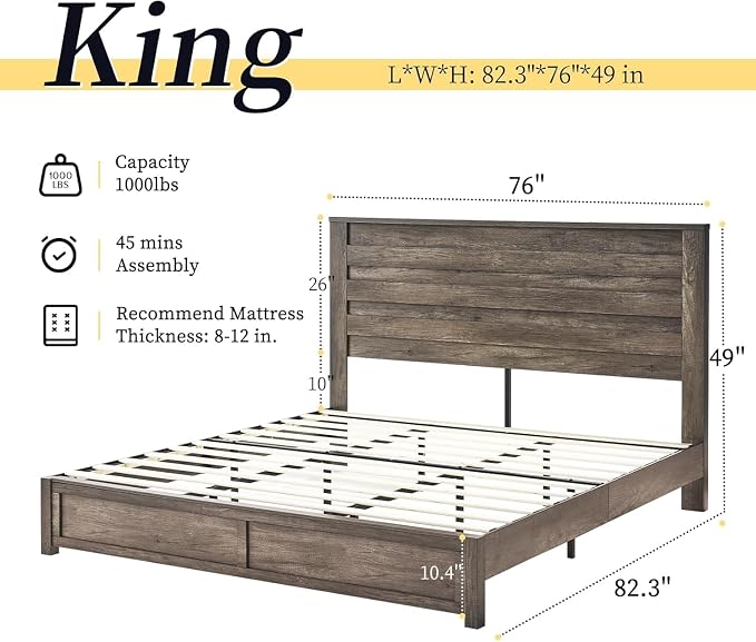 LUXOAK 2 Pcs Bedroom Furniture Sets - Includes 1 X Farmhouse 6 Drawers Dresser, 1X Farmhouse King Size Bed Frame with 49" Tall Headboard, Wooden Platform Bed with Hidden Metal Bed Frame, Rustic Grey
