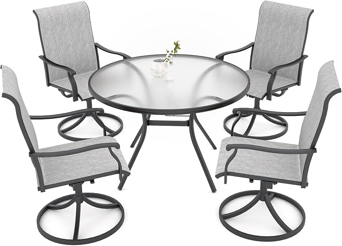Outdoor Patio Set, 40"x 40"x 28" Round Glass Dining Table and 4pcs Swivel Chairs, All-Weather Patio Furniture Set with 1.7" Umbrella Hole for Garden Backyard Lawn Poolside