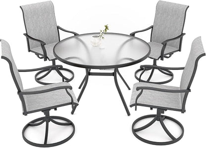 Outdoor Patio Set, 40"x 40"x 28" Round Glass Dining Table and 4pcs Swivel Chairs, All-Weather Patio Furniture Set with 1.7" Umbrella Hole for Garden Backyard Lawn Poolside