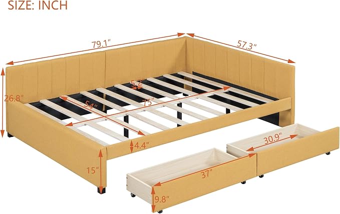 Merax Full Size Upholstered Daybed with 2 Storage Drawers, Wooden Sofa Bed Frame for Bedroom Guest Room, No Box Spring Needed