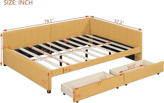 Merax Full Size Upholstered Daybed with 2 Storage Drawers, Wooden Sofa Bed Frame for Bedroom Guest Room, No Box Spring Needed