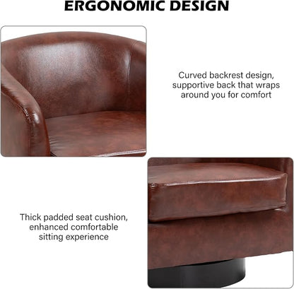 Swivel Barrel Accent Chair, Modern Round Faux Leather Arm Chair for Living Room, Bedroom, Comfy Club Reading Chairs for Adults