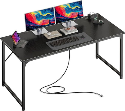 PRAISUN 54 X 24 Inch Deeper Desk with Power Outlets | Large Computer Desk for Bedroom, Office Desk for Work from Home, Writing Study Gaming Table, Stable Metal Frame, Black