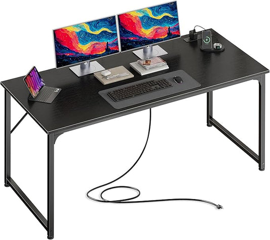 PRAISUN 54 X 24 Inch Deeper Desk with Power Outlets | Large Computer Desk for Bedroom, Office Desk for Work from Home, Writing Study Gaming Table, Stable Metal Frame, Black
