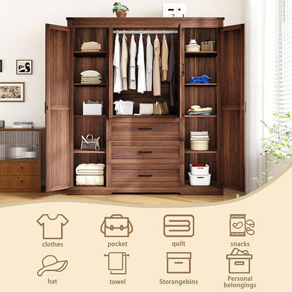 70" Tall Armoire Wardrobe Closet with 4 Doors & 3 Drawers, Farmhouse Bedroom Storage Cabinet with Hanging Rod, Freestanding Wooden Armoire Wardrobe Closet, Brown