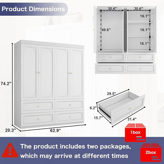 Bedroom Armoire Wardrobe Closet: 63" White Wardrobe Closet with Drawers, Wooden Closets Cabinet for Hanging Clothes, Large Wardrobes Armoires with Doors and Shelves(White)