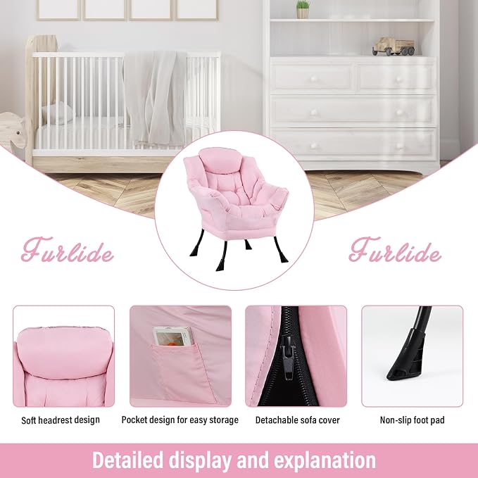 Furlide Lazy Chair for Living Room, Modern Accent Chairs with Armrests, Pink Armchairs with Side Pocket, Cozy Lazy Sofa for Reading, Balcony, Bedroom, Dorm, Small Spaces