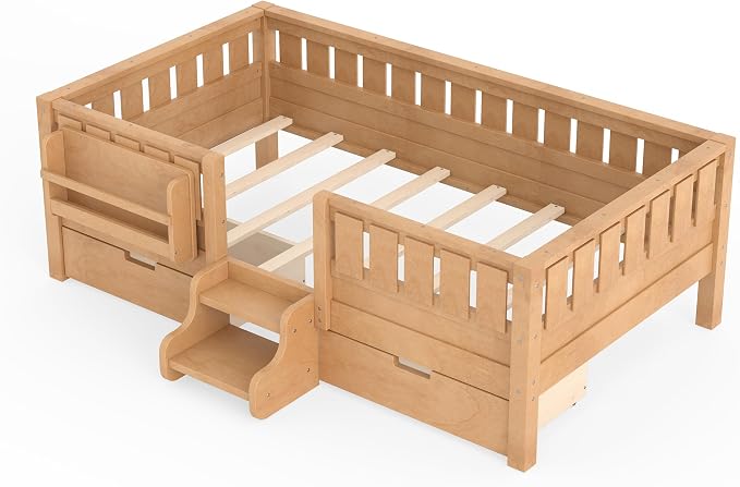 Bellemave Twin Floor Bed with Stairs, Rails and Slats, Twin Size Montessori Floor Bed with Bookshelf and 2 Storage Drawers, Easy Assemble Montessori Beds Frame for Girls, Boys, Deep Natural