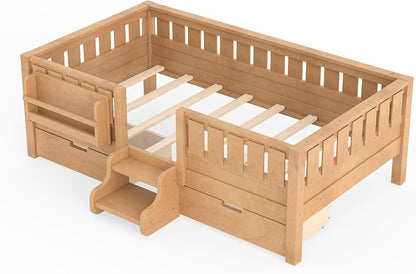 Bellemave Twin Bed with Storage Drawers & Bookshelf, Low Profile Kids Bed Frame with Staircase & Full Length Guardrails, Solid Wood Twin Bed for Kids with Slats Load 300LBS, Easy Assembly, Natural