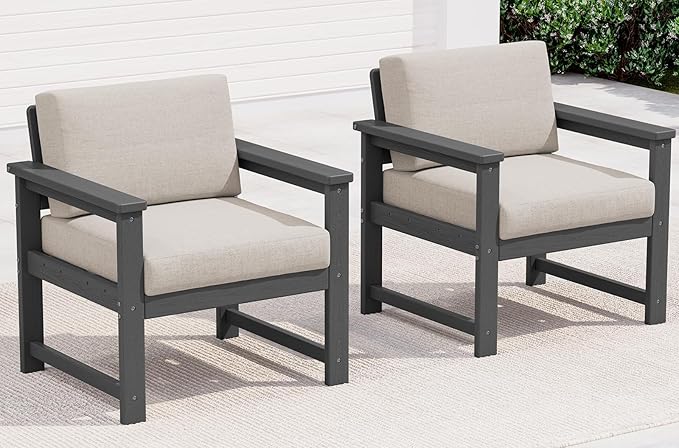 SERWALL 2 Pieces Single Cushioned Sofa Chair, Grey HDPE Outdoor Adirondack Lounge Armchair with Khaki Cushion