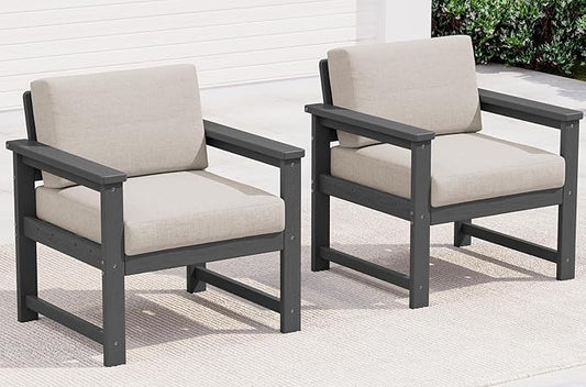 SERWALL 2 Pieces Single Cushioned Sofa Chair, Grey HDPE Outdoor Adirondack Lounge Armchair with Khaki Cushion
