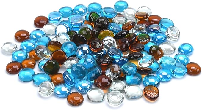 GasSaf Blended Fire Glass Beads for Outdoor Fire Pit, Fireplace, Replaces Existing Gas Logs & Lava Rocks, 3/4 Inch Glass(10 Pound)(Caribbean Blue, Amber, Crystal Clear Luster)