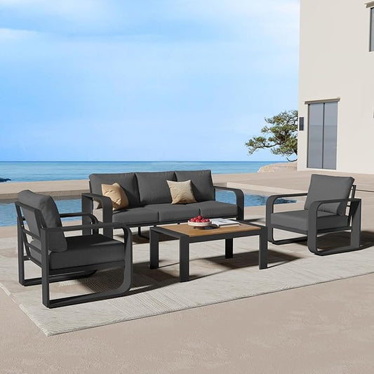 Oversized Aluminum Outdoor Furniture Set, Extra Large Patio Furniture Sofa Set 4.8” Widened Armrest & Ultra-Thick Cushions, 4 Pcs Modern Patio Sectional for Backyard, Porch, Graphite
