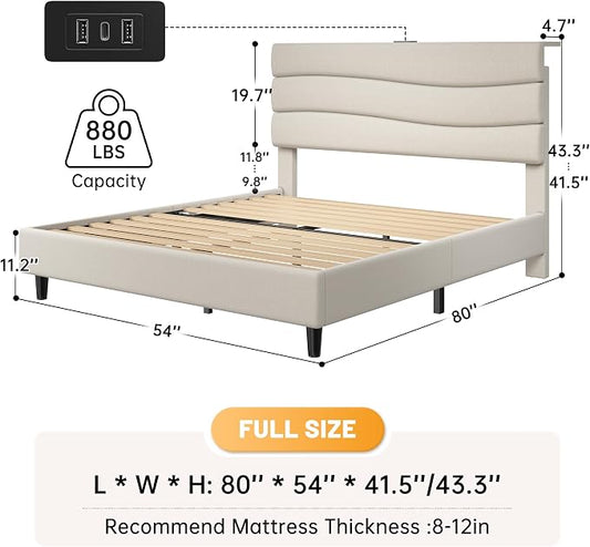 EnHomee Full Size Bed Frame with Adjustable Height Headboard,Upholstered Platform Bed with Charging Stations, Noise-Free,No Box Spring Needed, Easy Assembly,Beige