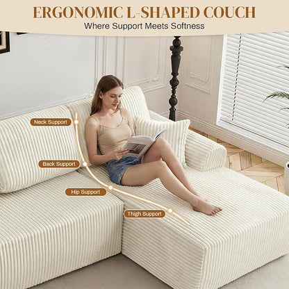 110" L Shaped Boneless Sectional Couches for Living Room, Comfy Corduroy Floor Cloud Sofa with Chaise, Wide Armrest, Deep Seat, Memory Foam, Assembly Free, Ideal for Small Spaces, Beige