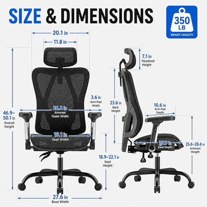 Ergonomic Office Chair, Full Mesh Desk Chair with 5D Armrests, Adjustable Lumbar Support and Headrest, 135° Stepless Reclining Backrest, Home Office Computer Chair
