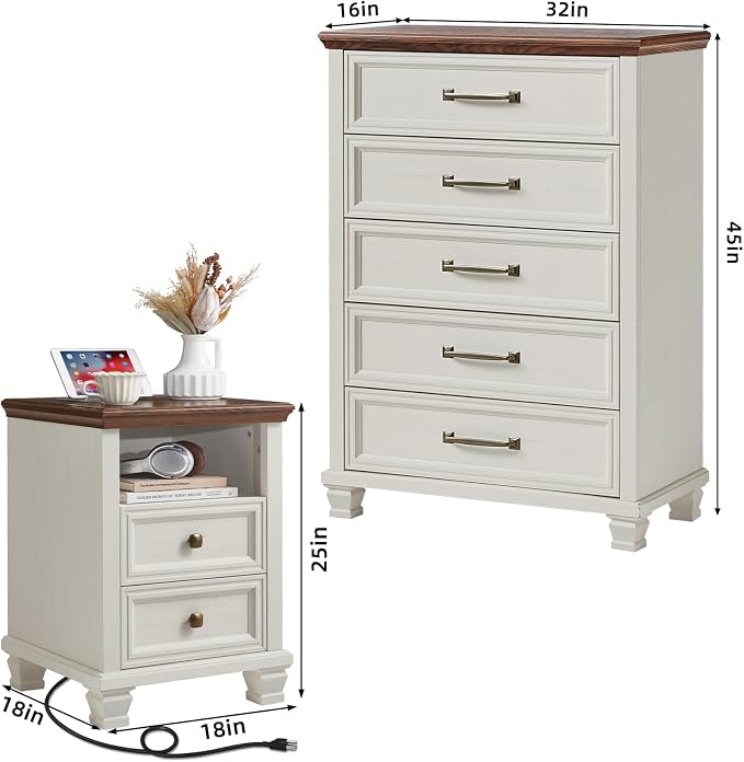 SAVOR LIFE Farmhouse Dresser and Nightstand Sets 3 Piece, 5 Drawer Dresser & 2 Drawer Nightstand Set, Rustic Wood Bedroom Furniture Set for Home, Bedroom, Hallway, White