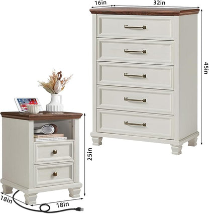 SAVOR LIFE Farmhouse Dresser and Nightstand Sets 2 Piece, 5 Drawer Dresser & 2 Drawer Nightstand Set, Rustic Wood Bedroom Furniture Set for Home, Bedroom, Hallway, White
