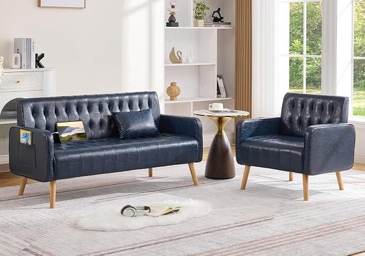 Blue Leather Loveseat and Accent Chair, Small Couch w/USB Charging & Pockets, Mid Century Modern Tufted Love Seat and Chair Set, Mini Office Sofa for Living Room, Apartment