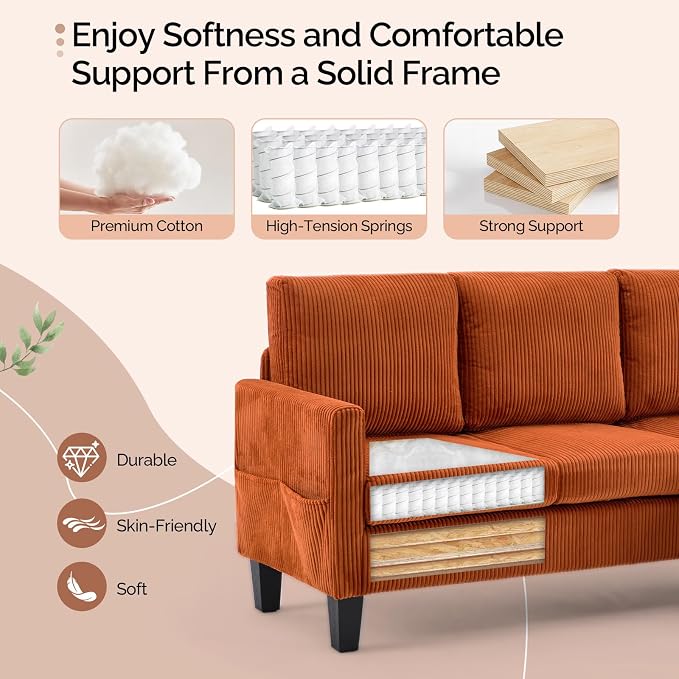 VINGLI 68.5' L Shaped Couch with Movable Storage Ottoman, Convertible Sectional Sofa in Soft Corduroy Fabric, Modern Reversible Chaise Couch for Small Spaces, Apartment, Living Room，Orange