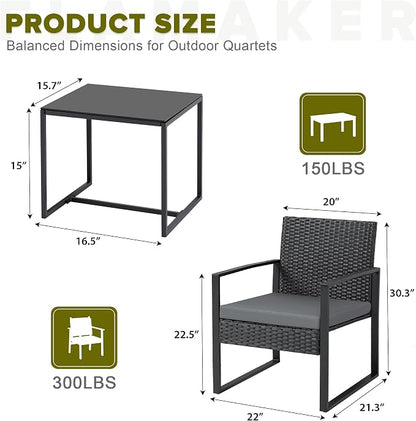 Flamaker 3 Pieces Patio Set Outdoor Wicker Furniture Modern Bistro Rattan Chair Conversation Sets with Coffee Table for Yard (Grey)