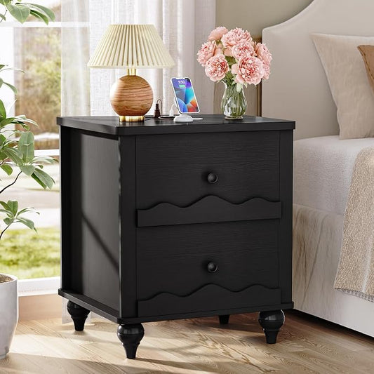 Cyclysio Black Nightstand with Charging Station, Scalloped Bedside Table with 2 Smooth Drawers, Modern End Table with Solid Wood Legs for Bedroom and Small Spaces