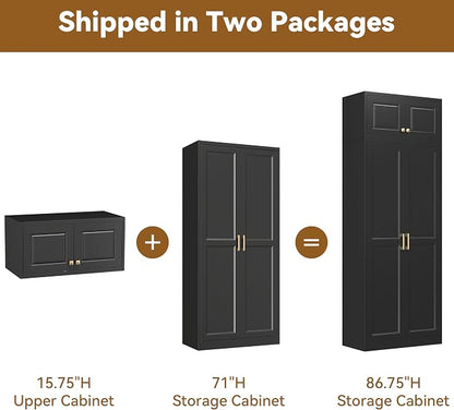 Polup Kitchen Pantry Cabinet, 86 Inch Tall Metal Storage Cabinet, Large Pantry cabinets with Doors and Shelves, Black Storage Cabinets for Garage, Living, Dining, Office, Bathroom, Assembly Required