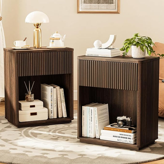 Modern Fluted Nightstand Set of 2 for Bedroom, Mid Century Bedside Table with Drawer & Open Shelf, Wood End Table, Farmhouse Night Stand for Home, Hallway, Office, Walnut