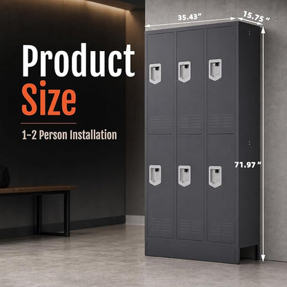 BUTISOW 6 Door Metal Storage Locker for Employees, Heavy Duty Steel School | Locker with Lift Up Handle & Recessed Hasp, Gym Office Lockers with Adjustable Shelves & Hooks, 72"H x 35.4"W x 15.75"D, Grey
