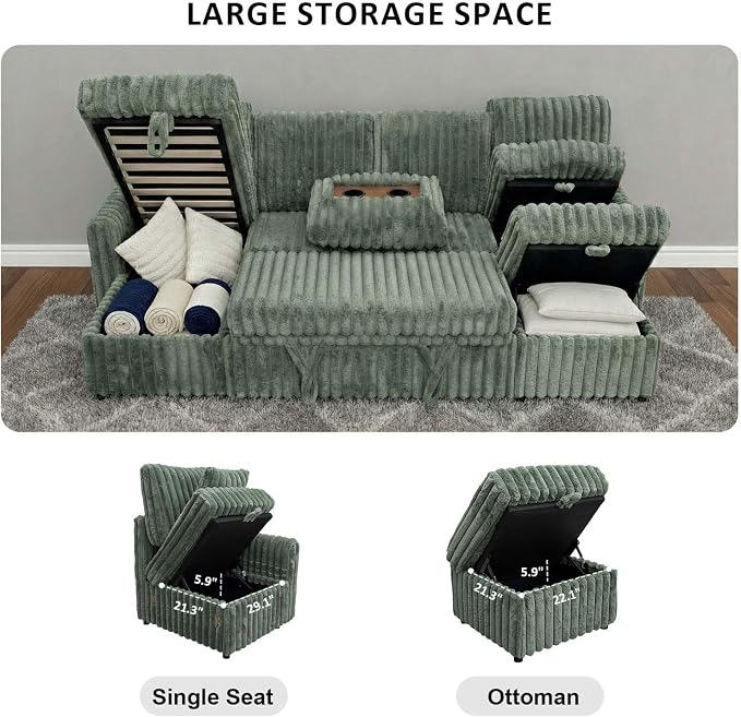 KCGKCG 104" U Shaped Sleeper Sofa Bed, Sectional Couches for Living Room, Plush Corduroy Pull Out Couch Bed with Storage, Modular Sectional Couch with Charging Station, Cup Holder, Side Pocket, Green