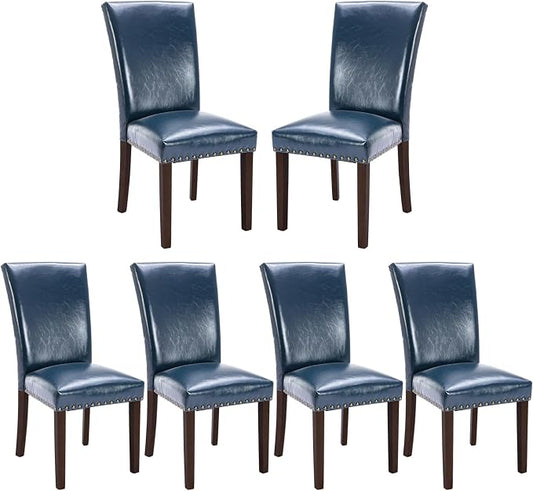 COLAMY Upholstered Parsons Dining Chairs Set of 6, PU Leather Dining Room Kitchen Side Chair with Nailhead Trim and Wood Legs - Blue