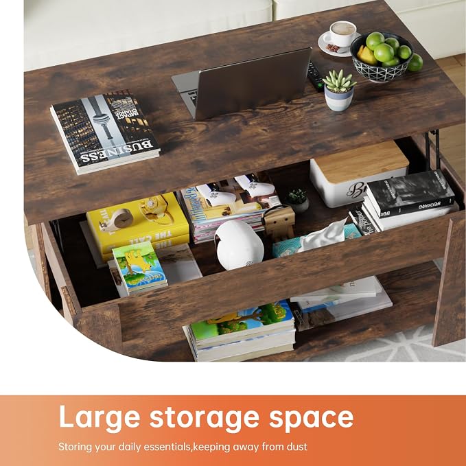 FDW Lift Top Coffee Table Coffee Table with Hidden Compartment and Storage Shelf for Living Room Reception Room 47.2in L,Brown